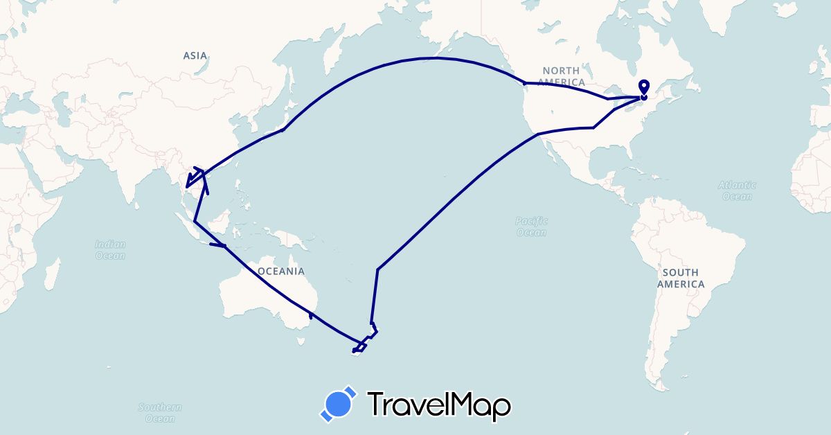TravelMap itinerary: driving in Australia, Canada, Fiji, Indonesia, Japan, Laos, New Zealand, Singapore, Thailand, United States, Vietnam (Asia, North America, Oceania)